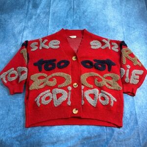 Vintage Adora Chenille Knit Cardigan Red Ski To Die For Graphic Sweater